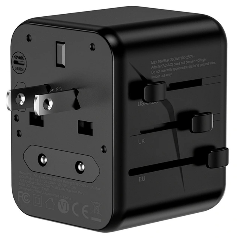 Фото Сетевой универсальный переходник WIWU UA012 Warrior 12W + 1USB-A/1C (Black) в магазине vchehle.ua