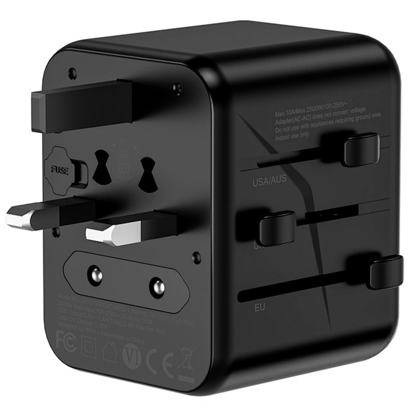 Купить Сетевой универсальный переходник WIWU UA012 Warrior 12W + 1USB-A/1C (Black) на vchehle.ua