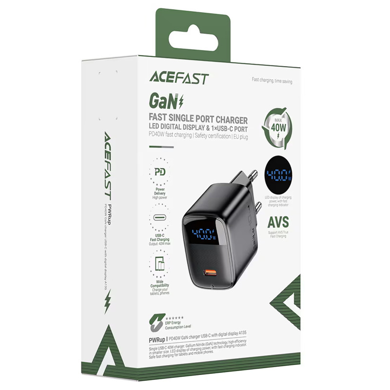 Фото СЗУ Acefast A135 PD40W GaN (1USB-C) (Black) в магазине vchehle.ua