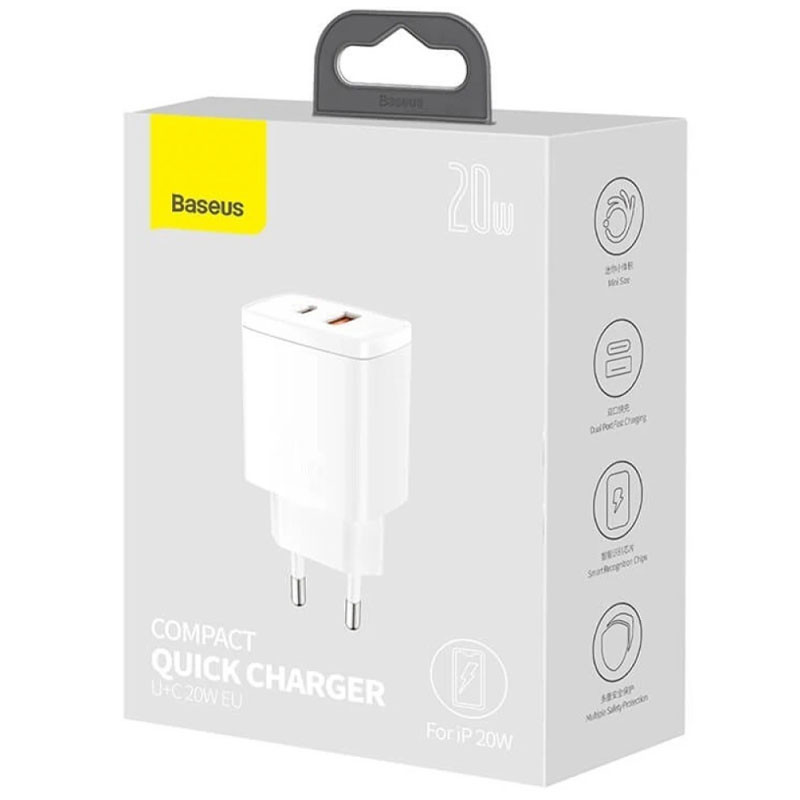 Фото МЗП Baseus Compact Quick Charger 20W QC+PD (1USB-A/1C) (CCXJ-B) (White) в маназині vchehle.ua