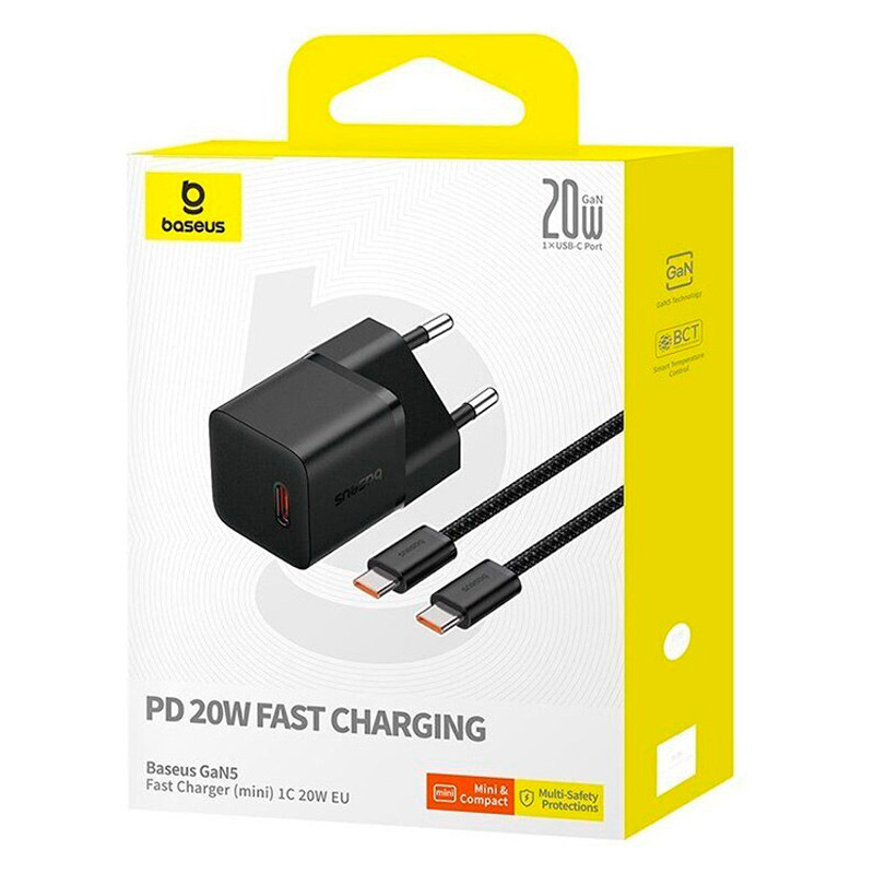 МЗП Baseus GaN5 Fast Charger (mini) PD20W (1USB-C) + кабель Type-C to Type-C (P10110900113) (Cluster Black) в магазині vchehle.ua