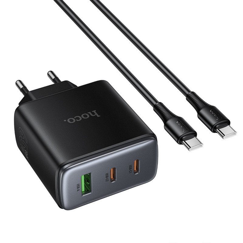 Фото СЗУ Hoco C160A Upgrade PD65W+QC3.0 (1USB-A/2C) + кабель Type-C to Type-C (Black) в магазине vchehle.ua