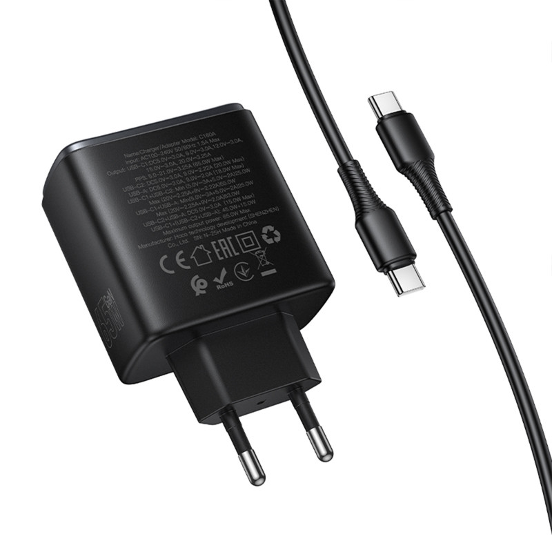 Заказать СЗУ Hoco C160A Upgrade PD65W+QC3.0 (1USB-A/2C) + кабель Type-C to Type-C (Black) на vchehle.ua