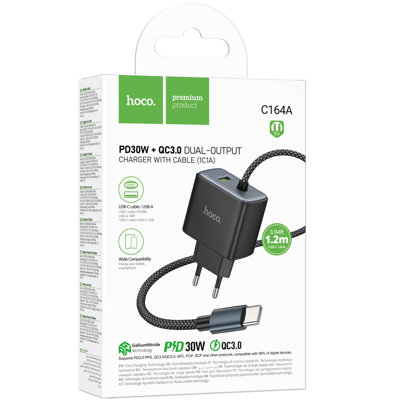 Фото СЗУ Hoco C164A New PD30W+QC3.0 (1USB-A/1C) + встроенный кабель Type-C (Black) на vchehle.ua