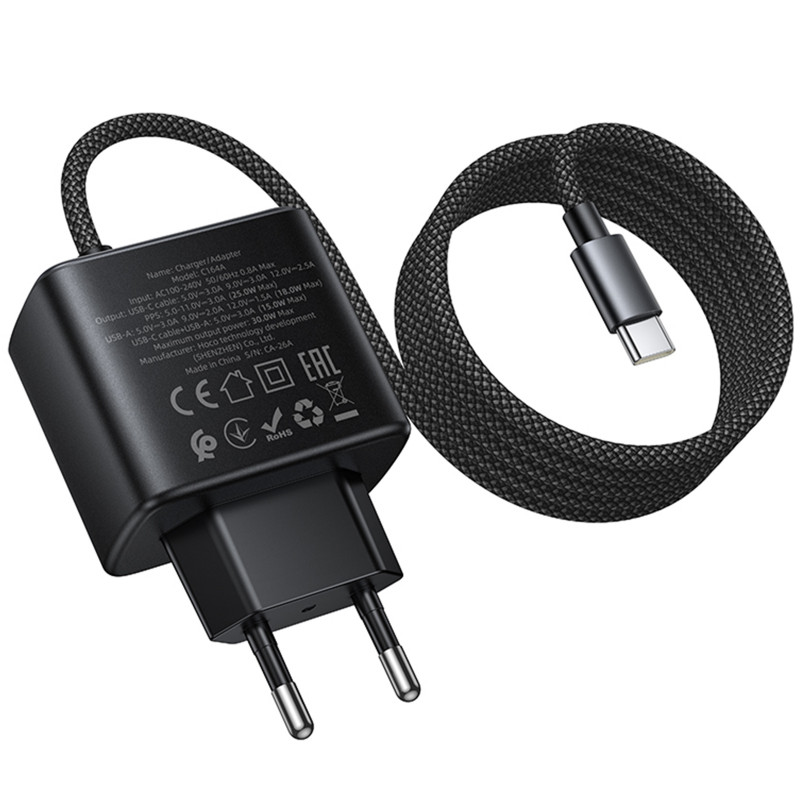 Фото СЗУ Hoco C164A New PD30W+QC3.0 (1USB-A/1C) + встроенный кабель Type-C (Black) в магазине vchehle.ua