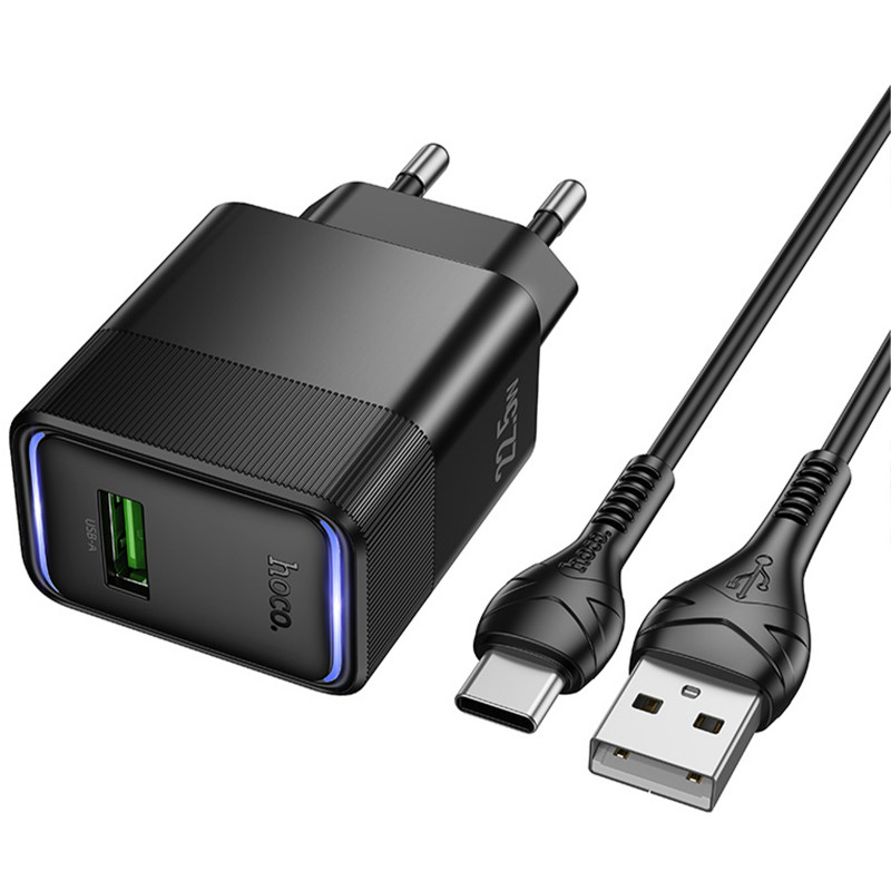 Фото СЗУ Hoco CS111A Lounge QC3.0 22.5W (1USB-A) + кабель USB to Type-C (Black) на vchehle.ua