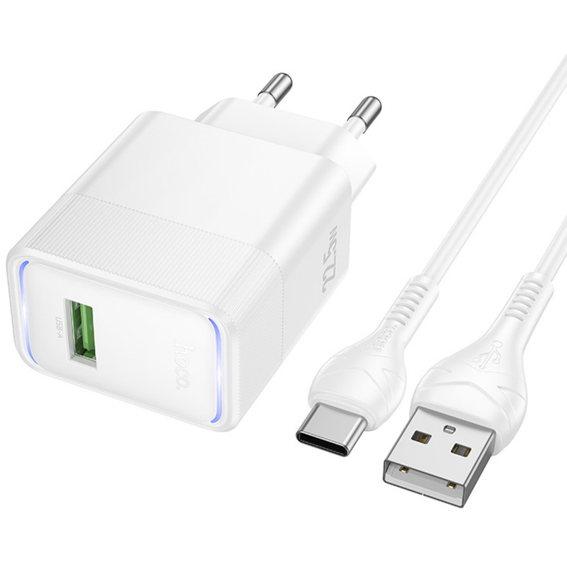 Фото СЗУ Hoco CS111A Lounge QC3.0 22.5W (1USB-A) + кабель USB to Type-C (White) на vchehle.ua