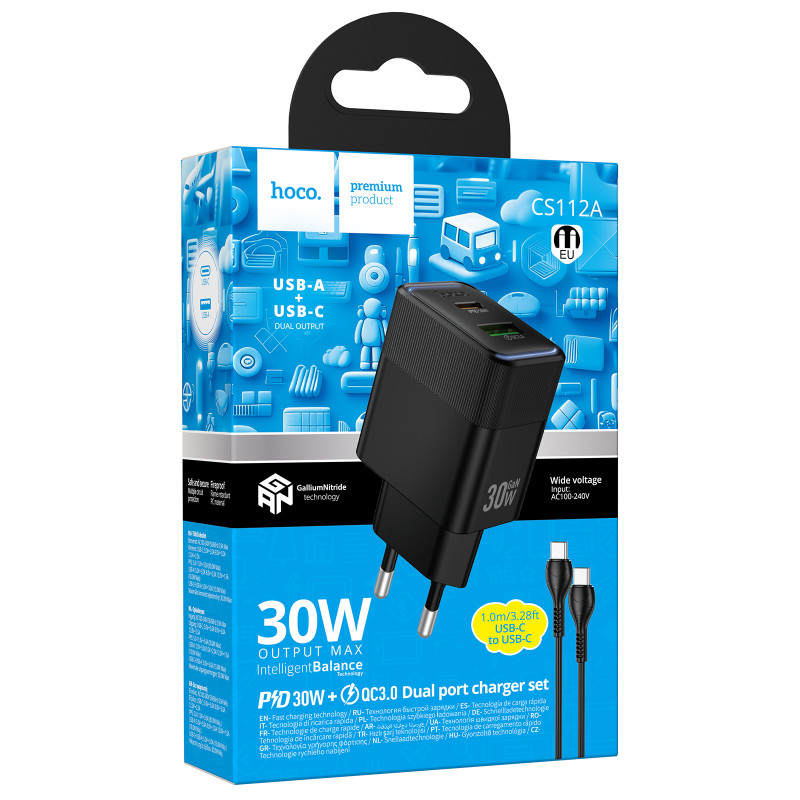 Фото СЗУ Hoco CS112A Lounge PD30W+QC3.0 (1USB-A/1C) + кабель Type-C to Type-C (Black) на vchehle.ua