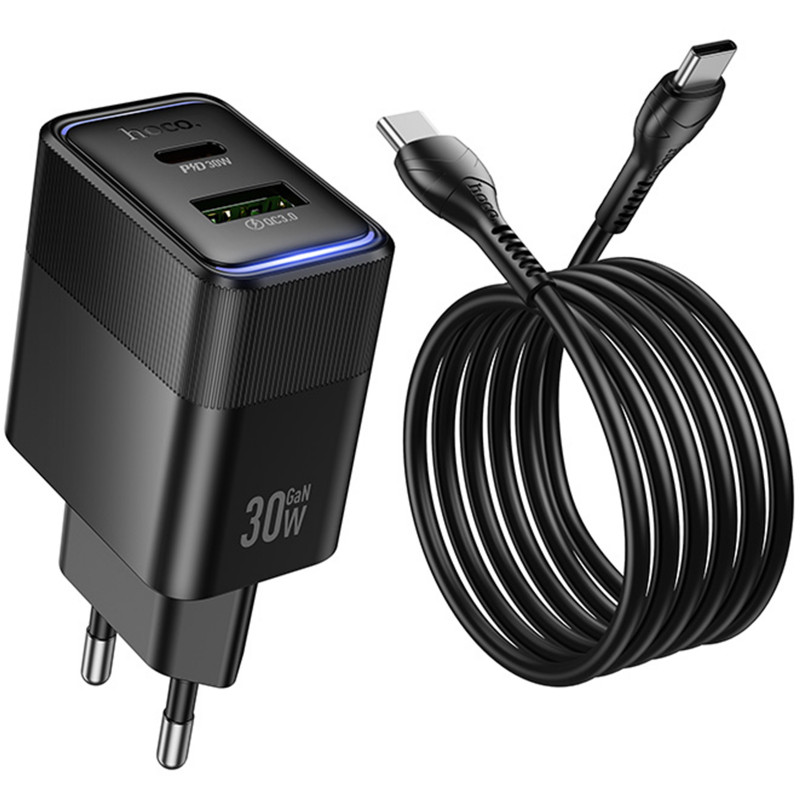 Фото СЗУ Hoco CS112A Lounge PD30W+QC3.0 (1USB-A/1C) + кабель Type-C to Type-C (Black) в магазине vchehle.ua