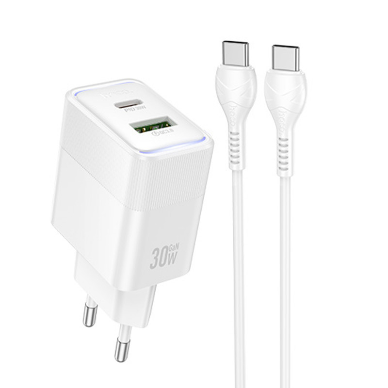 СЗУ Hoco CS112A Lounge PD30W+QC3.0 (1USB-A/1C) + кабель Type-C to Type-C (White)