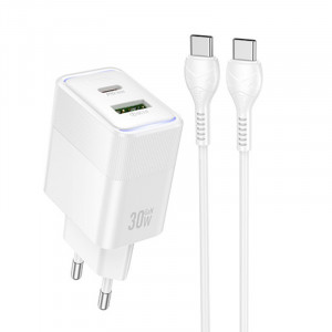 СЗУ Hoco CS112A Lounge PD30W+QC3.0 (1USB-A/1C) + кабель Type-C to Type-C
