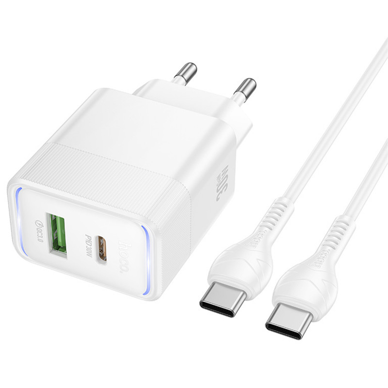 Фото СЗУ Hoco CS112A Lounge PD30W+QC3.0 (1USB-A/1C) + кабель Type-C to Type-C (White) на vchehle.ua
