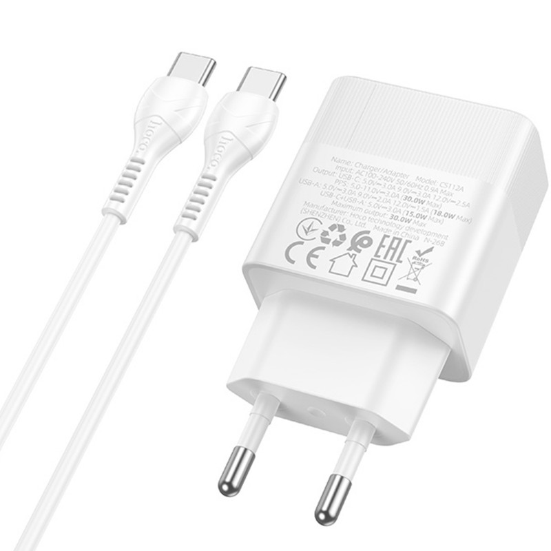 Фото СЗУ Hoco CS112A Lounge PD30W+QC3.0 (1USB-A/1C) + кабель Type-C to Type-C (White) в магазине vchehle.ua