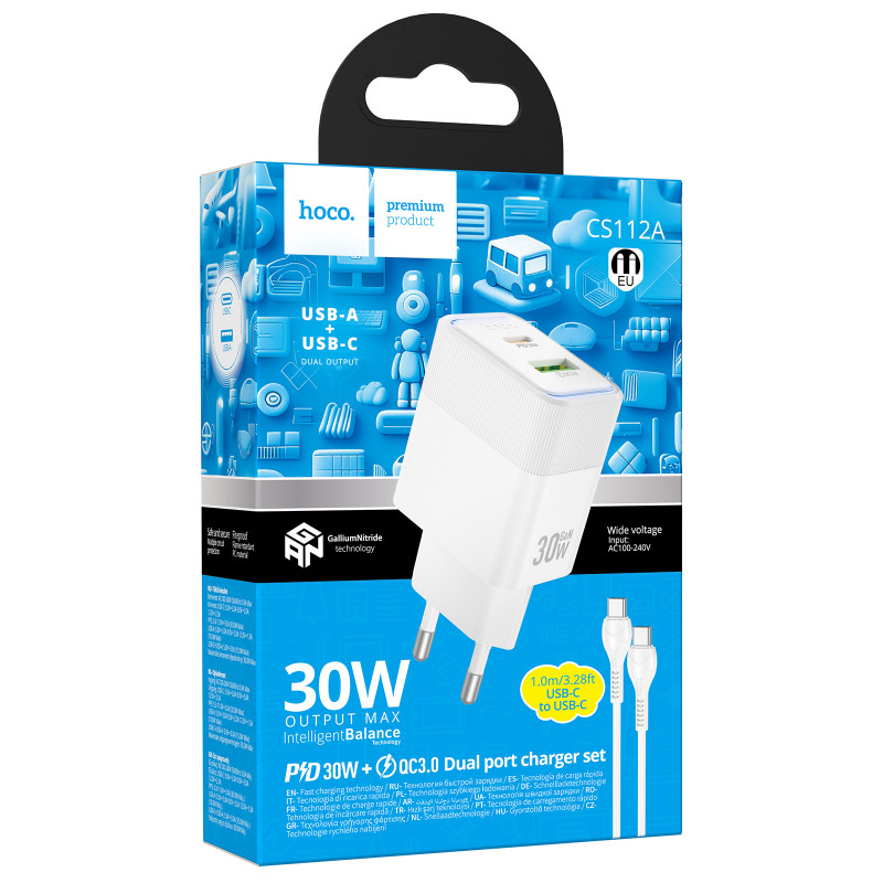 СЗУ Hoco CS112A Lounge PD30W+QC3.0 (1USB-A/1C) + кабель Type-C to Type-C (White) в магазине vchehle.ua