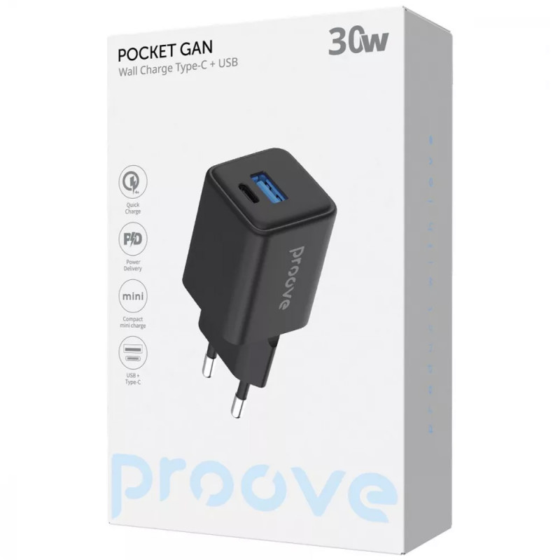 СЗУ Proove Pocket GaN 30W (1USB-A/1C) (Black) в магазине vchehle.ua