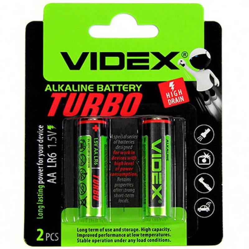 Батарейка VIDEX TURBO LR06 (AA) blister 2 (Черный / Зеленый)