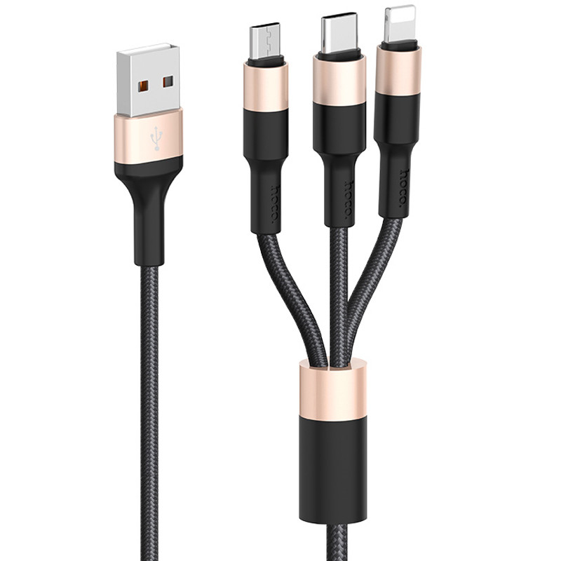 Дата кабель Hoco X26 Xpress 3in1 USB to Lightning/Type-C/MicroUSB 2A (1.2m) (Чорний / Золотий)