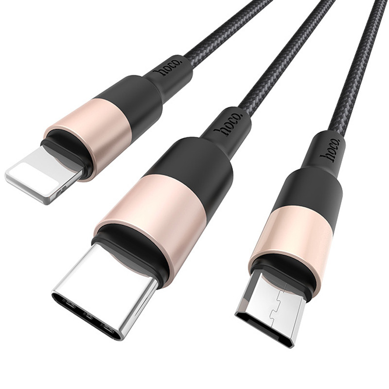 Фото Дата кабель Hoco X26 Xpress 3in1 USB to Lightning/Type-C/MicroUSB 2A (1.2m) (Чорний / Золотий) на vchehle.ua