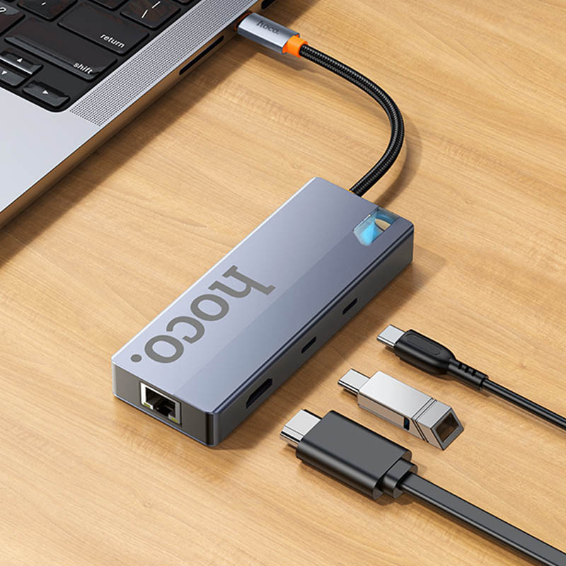 Купити Перехідник HUB Hoco HB52 Wow 8in1 (Type-C to HDTV+RJ45+SD/TF+PD+Type-C3.0+2xUSB3.0) (Deep space gray) на vchehle.ua
