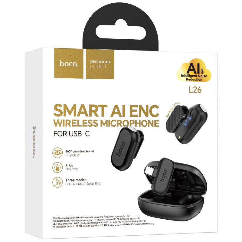 Фото Петличный беспроводной микрофон Hoco L26 Dual-mic Smart AI (Type-C) (Black) на vchehle.ua