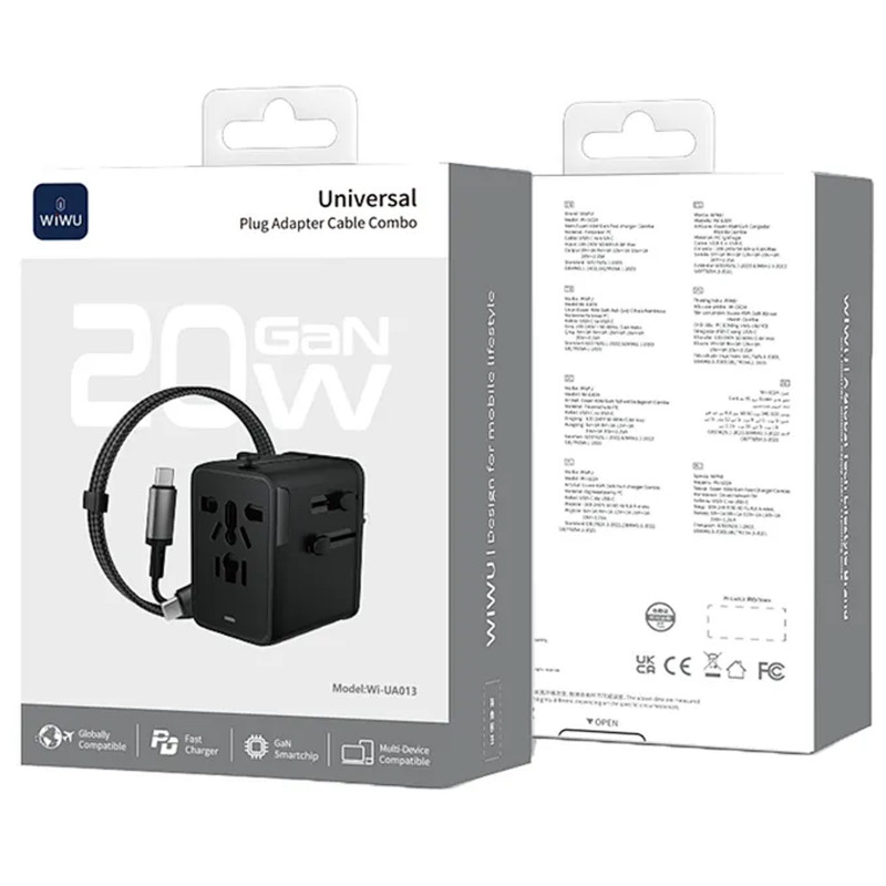 Купити Мережевий універсальний перехідник WIWU UA013 20W GaN + 1USB-A/2C with retractable cable Type-C (Black) на vchehle.ua