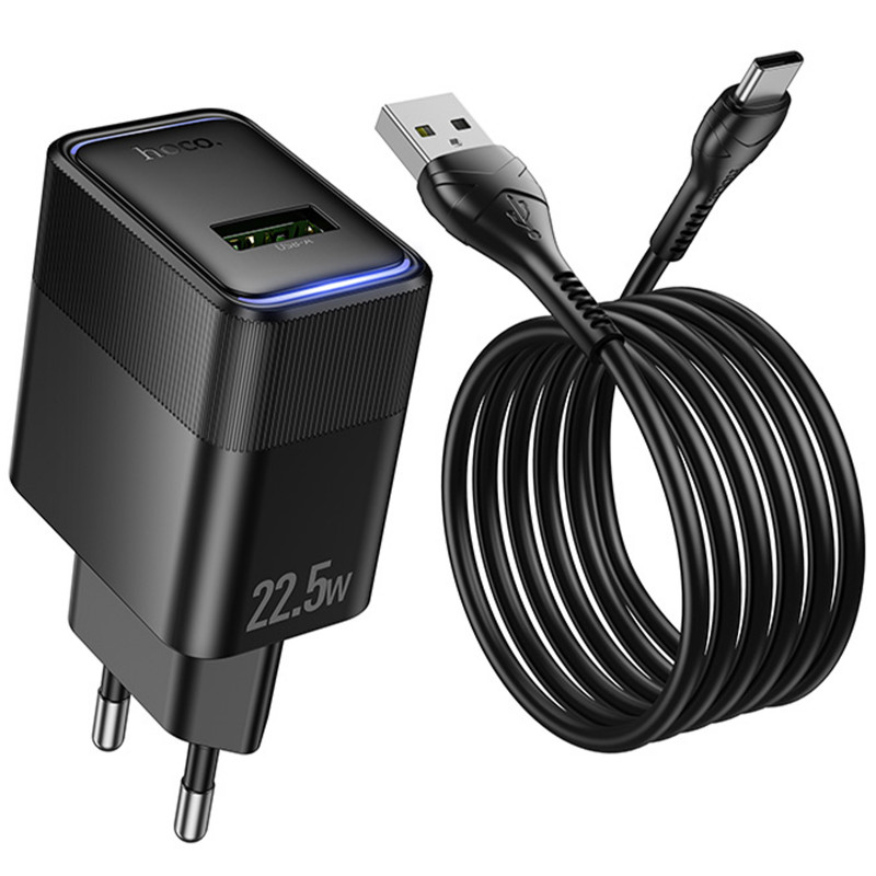 СЗУ Hoco CS111A Lounge QC3.0 22.5W (1USB-A) + кабель USB to Type-C (Black) в магазине vchehle.ua