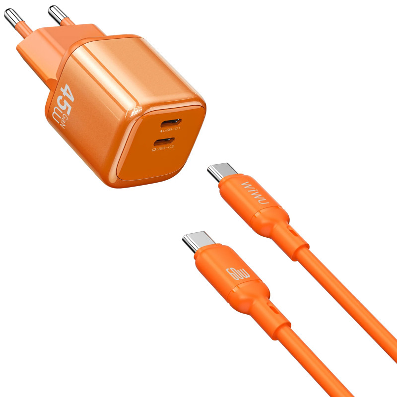 СЗУ WIWU G025 Cube PD45W (2USB-C) + кабель Type-C to Type-C (Orange)