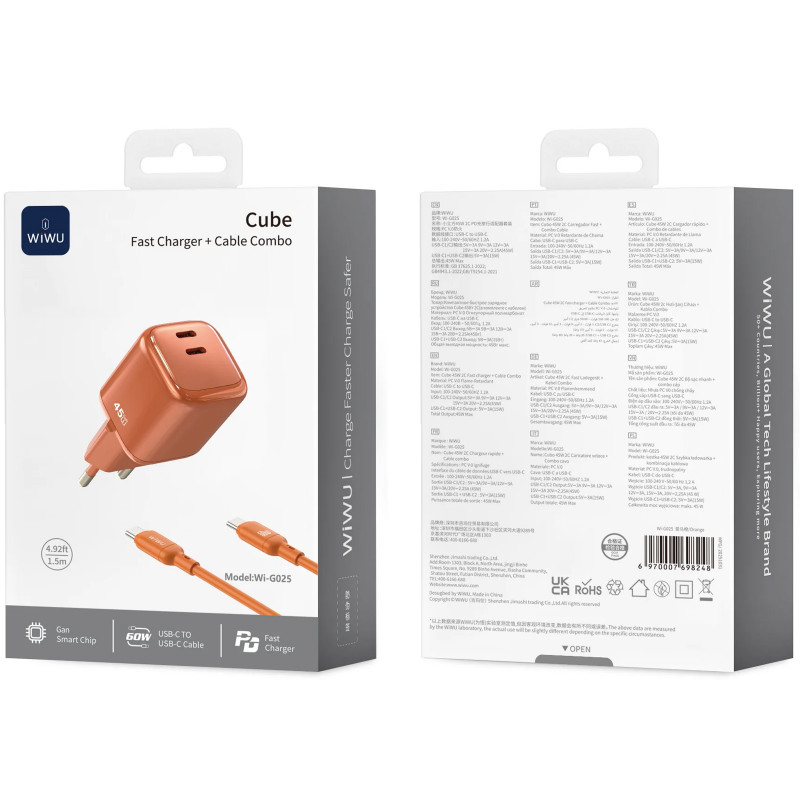 Фото СЗУ WIWU G025 Cube PD45W (2USB-C) + кабель Type-C to Type-C (Orange) на vchehle.ua