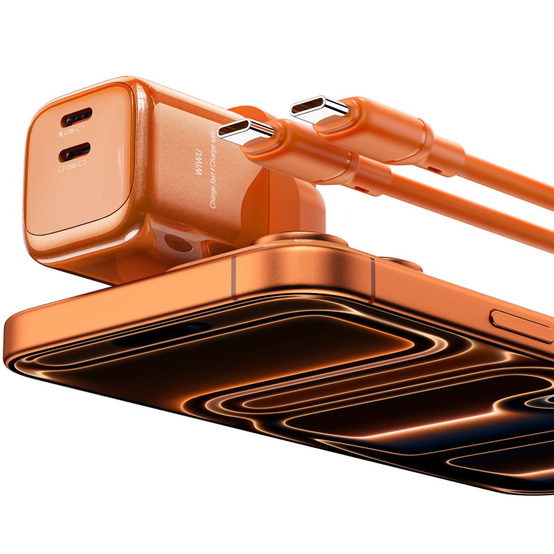 Фото СЗУ WIWU G025 Cube PD45W (2USB-C) + кабель Type-C to Type-C (Orange) в магазине vchehle.ua