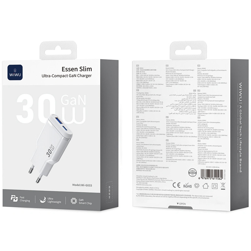 Купити МЗП WIWU G033 Essen PD30W+QC3.0 GaN (1USB-A/1C) (White) на vchehle.ua