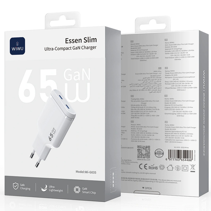 Фото МЗП WIWU G035 Essen PD65W GaN (2USB-C) (White) на vchehle.ua