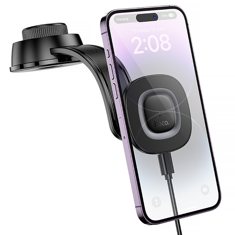 Фото Автотримач з БЗП Hoco HW31 Crown Magnetic Wireless Charging 15W (Black / Metal gray) в маназині vchehle.ua