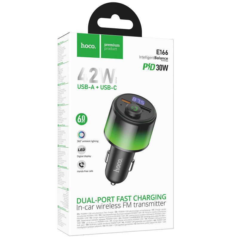 Фото АЗУ FM модулятор Hoco E166 Path PD42W+QC3.0 (1USB-A/1C) (Black) на vchehle.ua