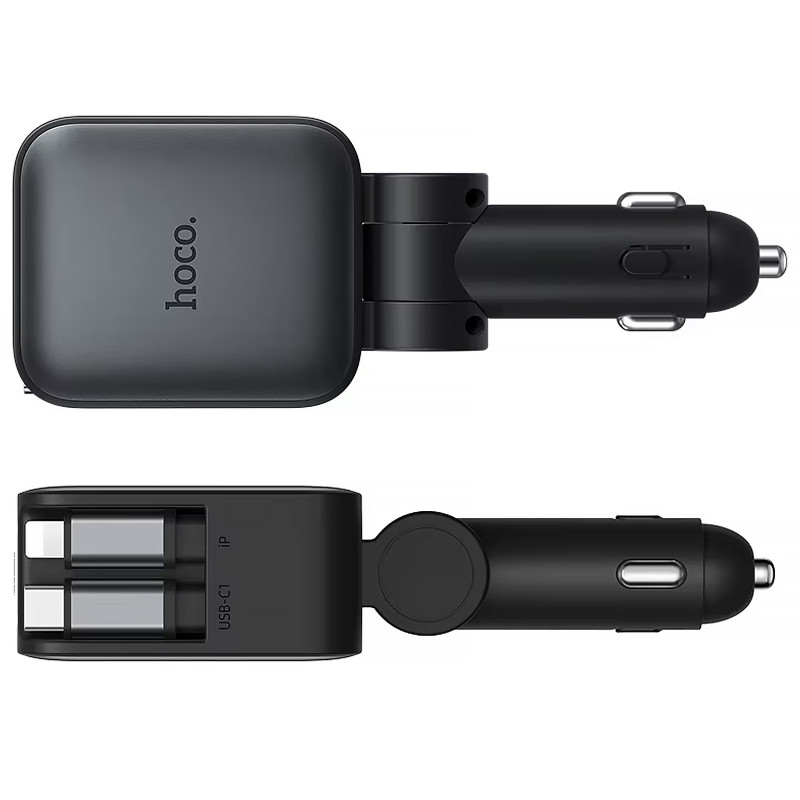 Фото АЗП Hoco Z67A Triunfar PD45W+QC3.0 повний 60W з retractable cables (1USB-A/2C/1L) (Metal gray) на vchehle.ua