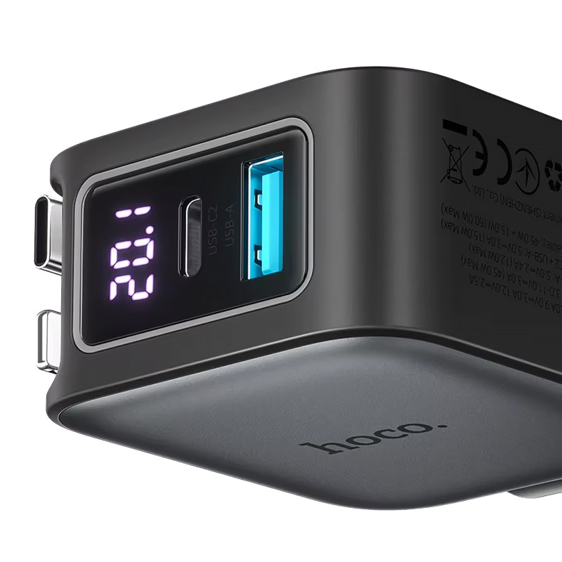 Фото АЗП Hoco Z67A Triunfar PD45W+QC3.0 повний 60W з retractable cables (1USB-A/2C/1L) (Metal gray) в маназині vchehle.ua