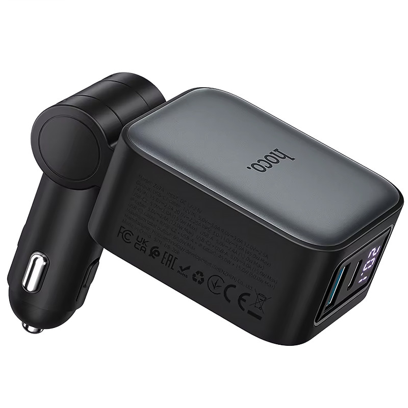 АЗП Hoco Z67A Triunfar PD45W+QC3.0 повний 60W з retractable cables (1USB-A/2C/1L) (Metal gray) в магазині vchehle.ua