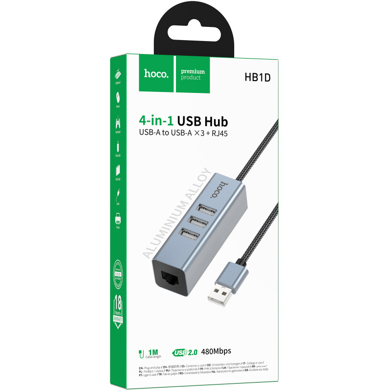 Фото Переходник HUB Hoco HB1D USB to USB2.0*3+RJ45 (Metal gray) на vchehle.ua