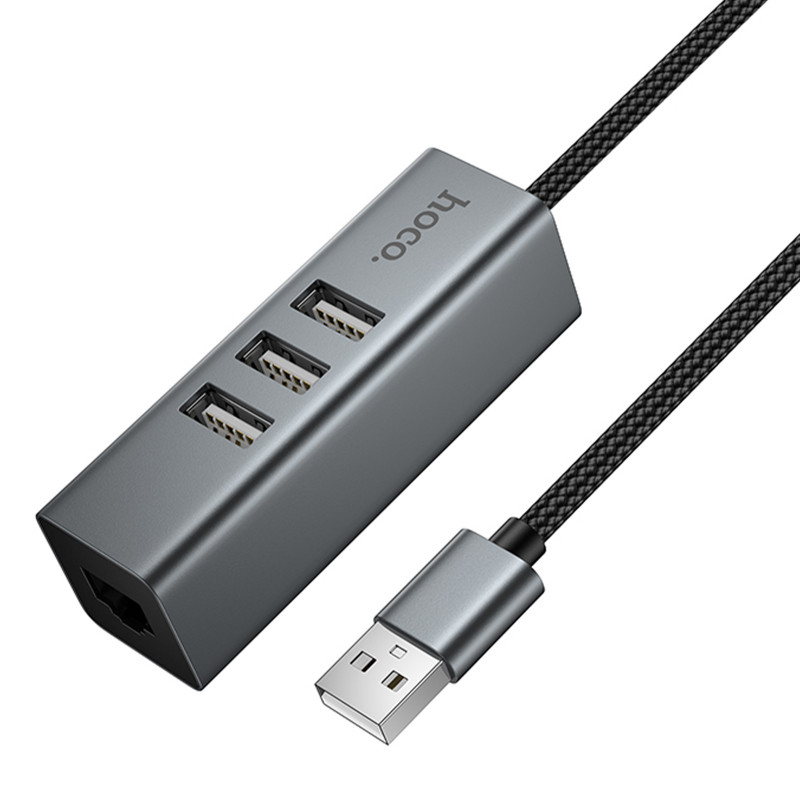 Заказать Переходник HUB Hoco HB1D USB to USB2.0*3+RJ45 (Metal gray) на vchehle.ua