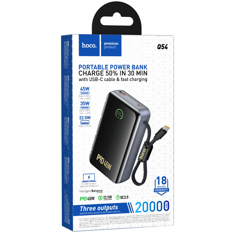 Фото Power Bank Hoco 20000 mAh Q54 Shine PD45W with cable (Metal gray) на vchehle.ua