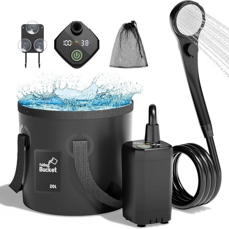 Фото Портативный душ Spopal Pro Water Temp and Battery Level Indicator 6000mAh + bucket 20L (USB-C) (Black) на vchehle.ua