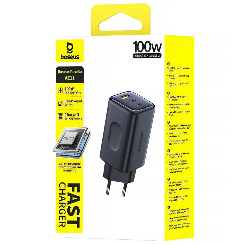 Фото СЗУ Baseus PicoGo AE11 Fast Charger 100W (1USB-A/2C) (E01214) (Cosmic Black) на vchehle.ua