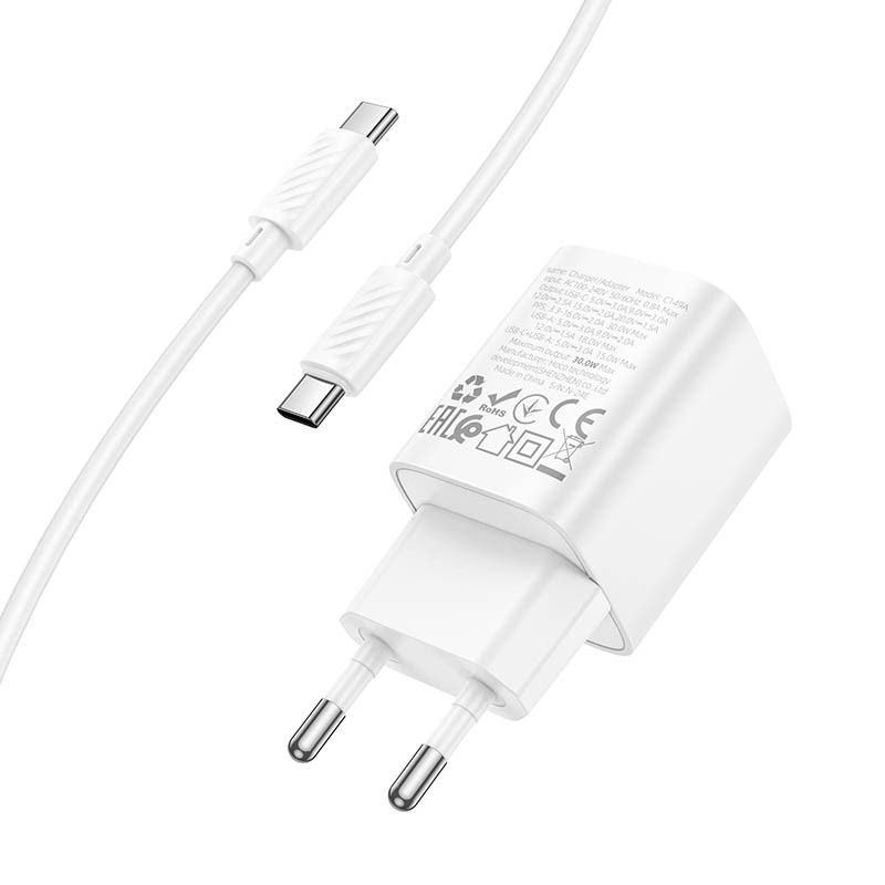 МЗП Hoco C149A Charm PD30W+QC3.0 (1USB-A/1C) + кабель Type-C to Type-C (White) в магазині vchehle.ua