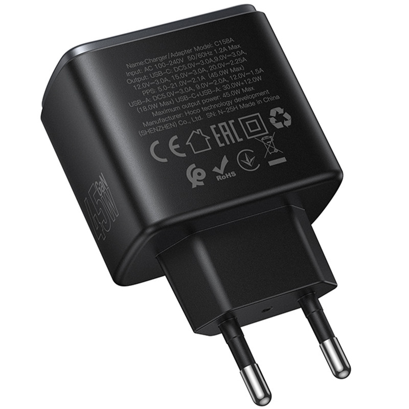 Купить СЗУ Hoco C158A Upgrade PD45W (1USB-A/1C) (Black) на vchehle.ua