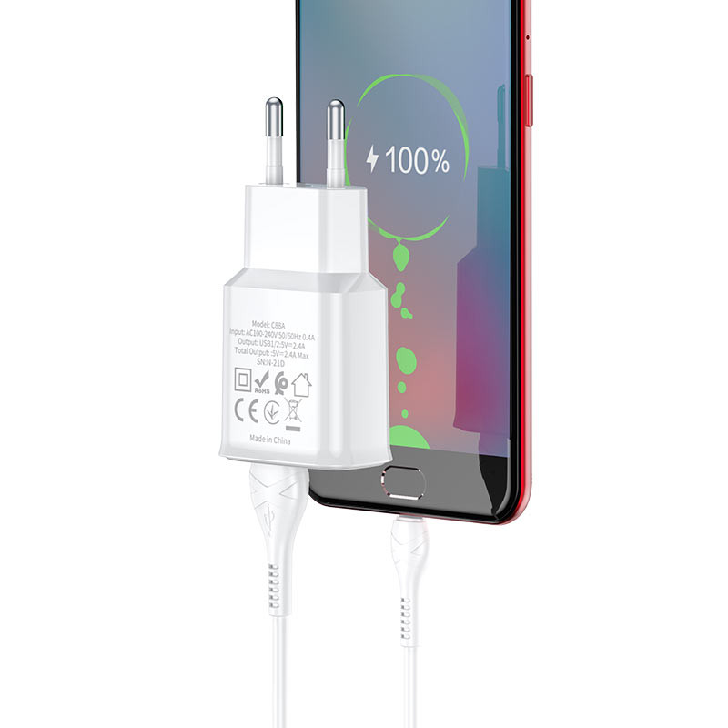 МЗП Hoco C88A Star round 2.4A (2USB-A) + кабель USB to Type-C (Білий) в магазині vchehle.ua