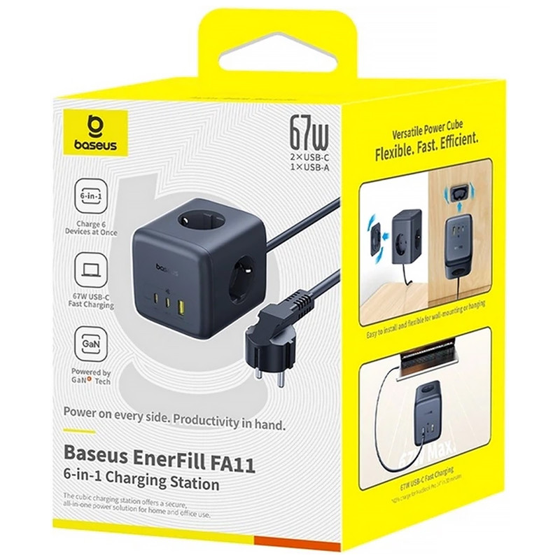 Фото Удлинитель Baseus EnerFill FA11 PD67W+QC3.0 (1USB-A/2C/2Socket) (1.5m) (EFMF67) (Cosmic Black) на vchehle.ua
