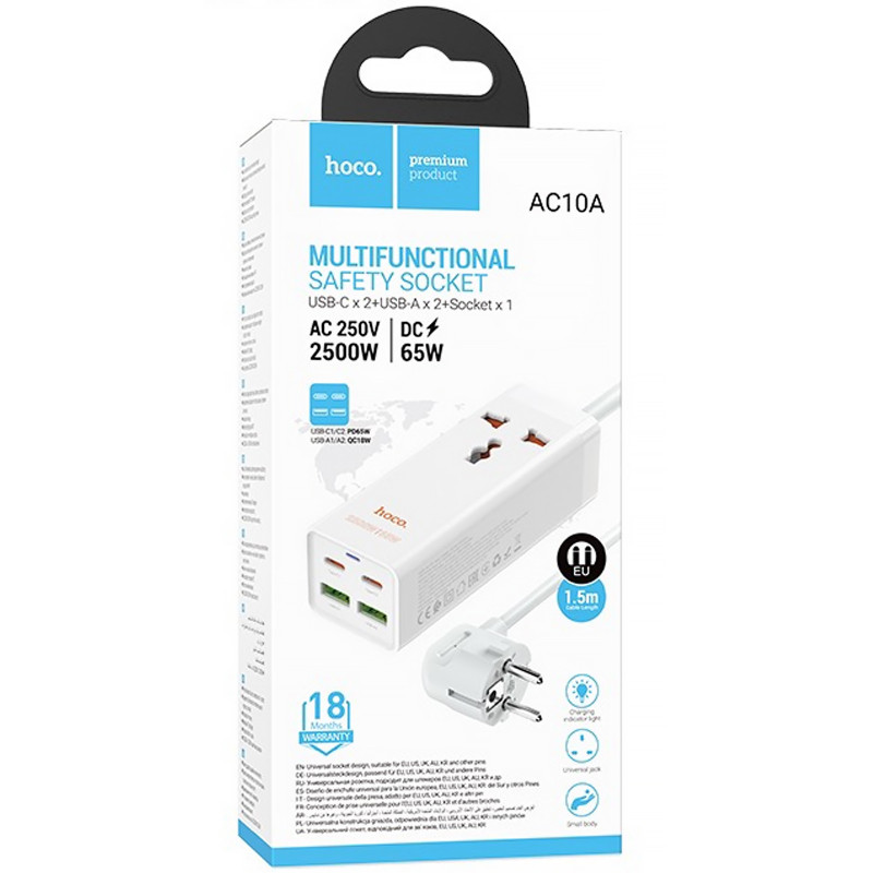 Купить Удлинитель Hoco AC10A Talent PD65W+QC3.0 (2USB-A/2C/1xSocket) (1.5m) (White) на vchehle.ua