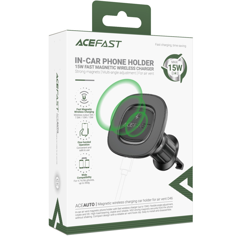 Фото Автотримач з БЗП Acefast D46 QI2 Magnetic Charging 15W (air outlet) (Black) на vchehle.ua