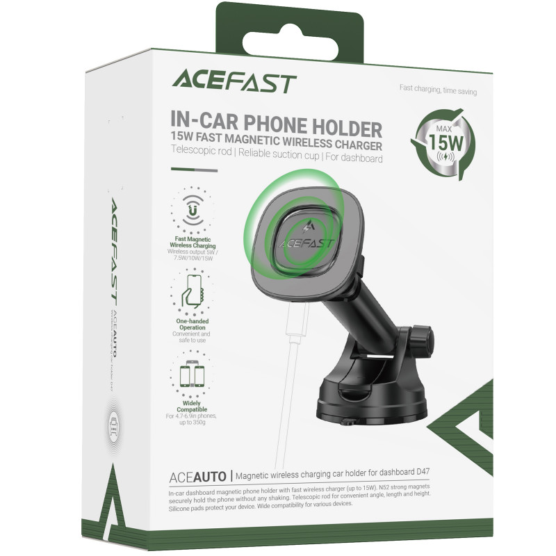 Фото Автотримач з БЗП Acefast D47 Magnetic Charging 15W (center console) (Black) на vchehle.ua