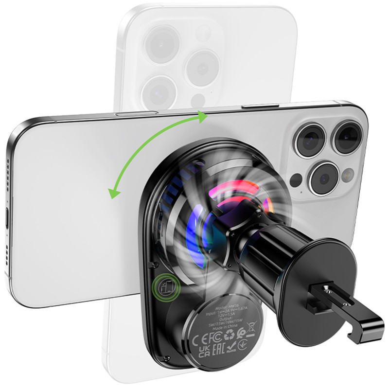 Купить Автодержатель с БЗУ Hoco HW36 Electric 15W with cooler (air outlet) (Black) на vchehle.ua