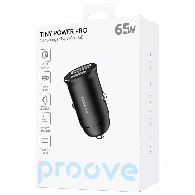 АЗП Proove Tiny Power Pro 65W PD65W+QC3.0 (1USB-A/1C) (Black) в магазині vchehle.ua